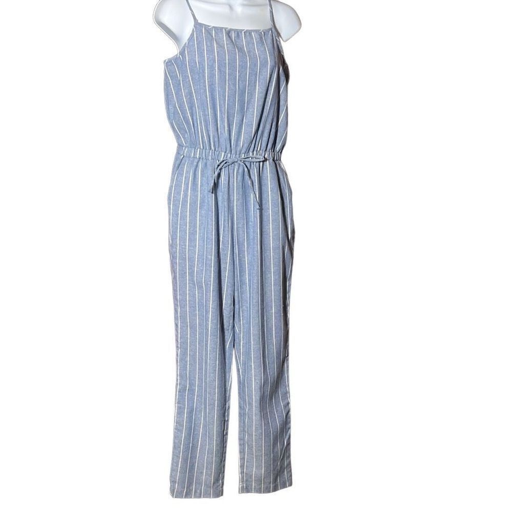 Cisono Women's Sleeveless Spaghetti Strap Waist Tie Striped Blue Jumpsuit Medium